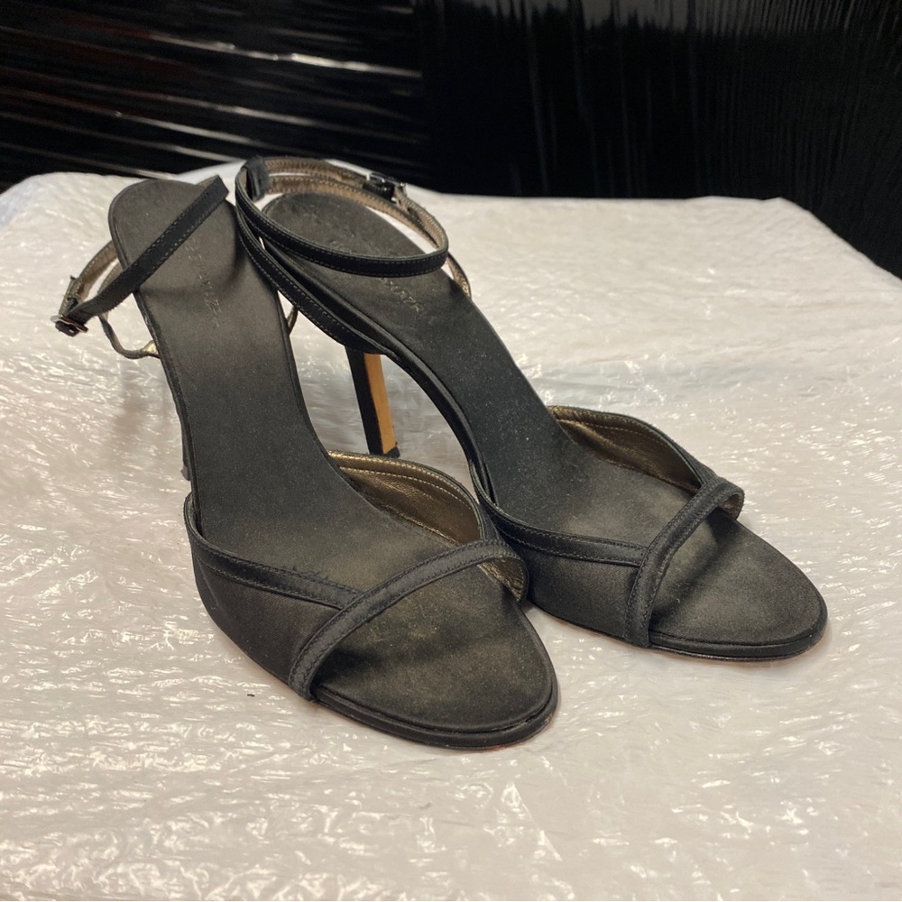 BCBGMaxAzria Black Satin Ankle-Strap Stiletto Sandals | Size 7.5